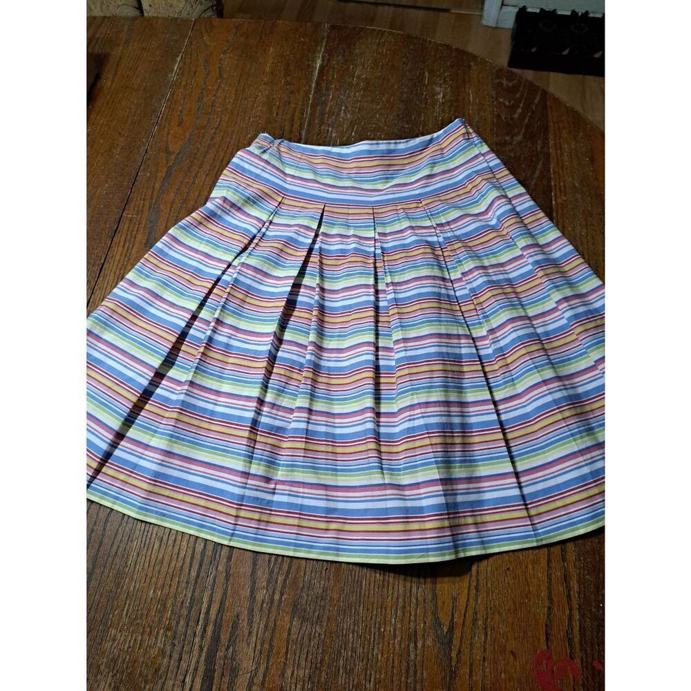 Size 2 Talbots Pastel Striped Fit and Flare Pleated Midi Skirt Pink Blue Yellow